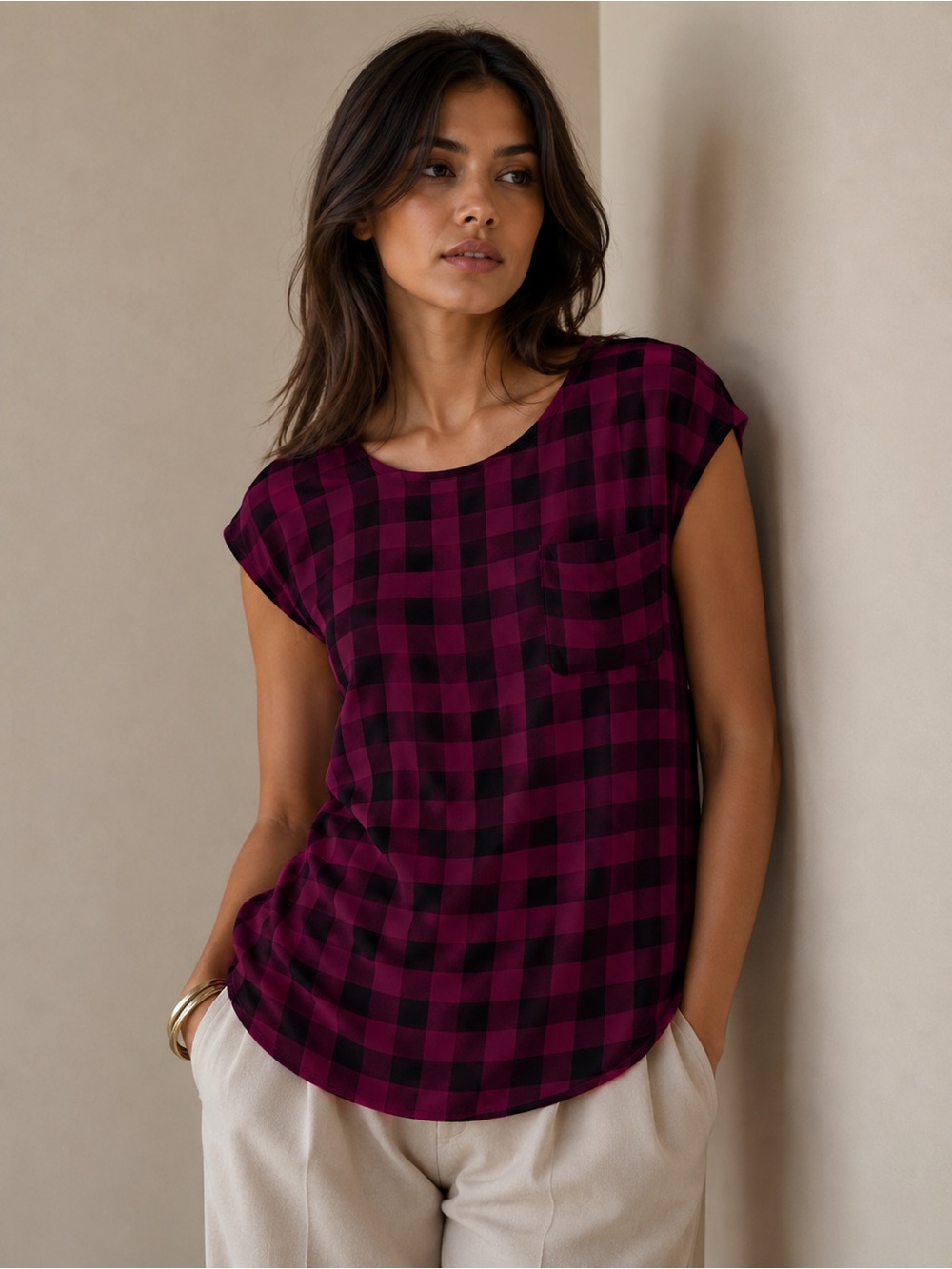 LOFT Burgundy and Black Buffalo Plaid Cap Sleeve Pocket Top Size Large